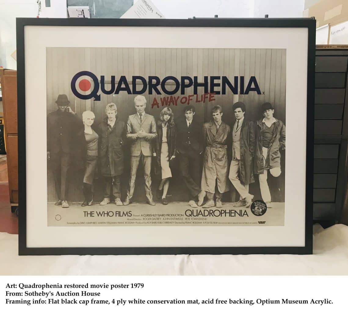Framed black-and-white Quadrophenia poster showing a line of young adults posed together, with 'QUADROPHENIA' and 'A WAY OF LIFE' visible in red/blue text.